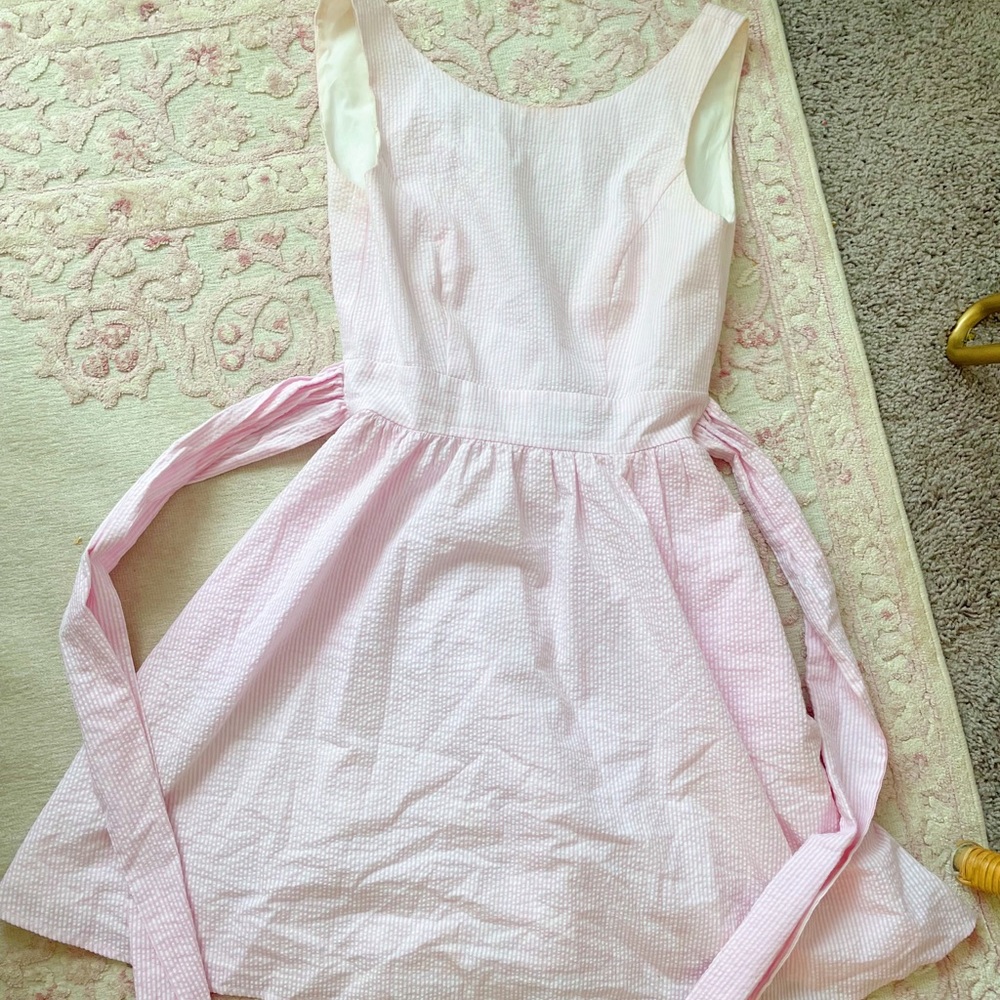 Lauren James Pink Seersucker Bow V Back Dress, XS